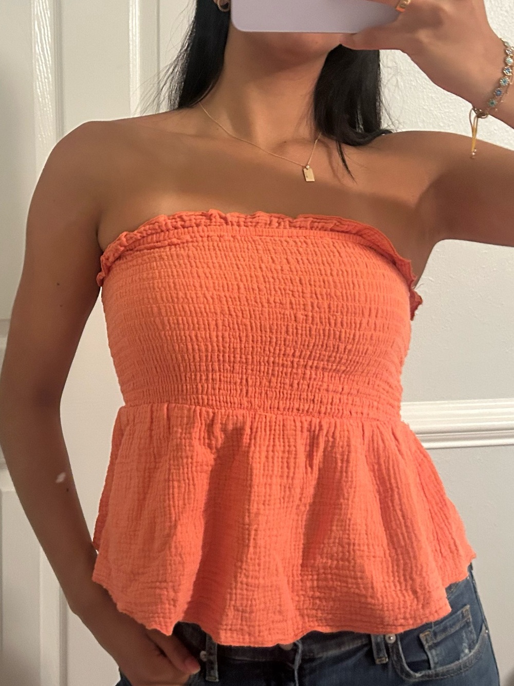 Sky and Sparrow Coral Smocked Strapless Peplum Camisole